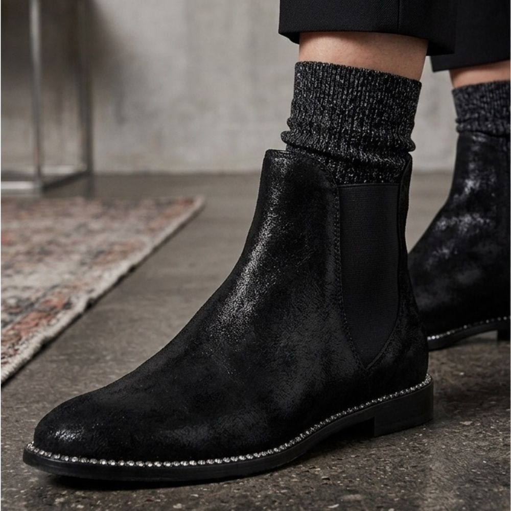 Jimmy Choo Merril Wet Look Ankle Flat Boots Crystal Welt‎ Black Suede 37.5